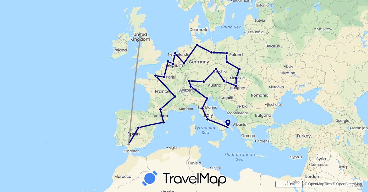 TravelMap itinerary: driving, plane in Austria, Belgium, Switzerland, Czech Republic, Germany, Spain, France, United Kingdom, Hungary, Italy, Netherlands, Poland, Slovakia (Europe)